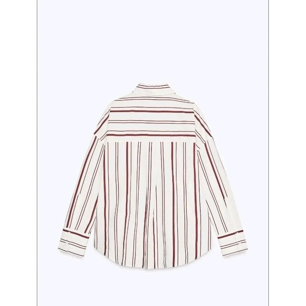 Zara Striped Button Down Relaxed Fit 100% Cotton Burgundy White Size M NWOT - Picture 8 of 9